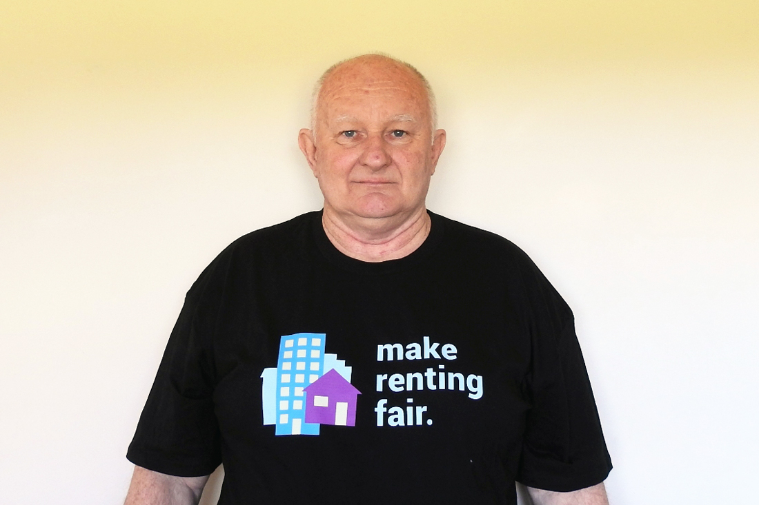 Ron wearing his Make Renting Fair campaign t-shirt